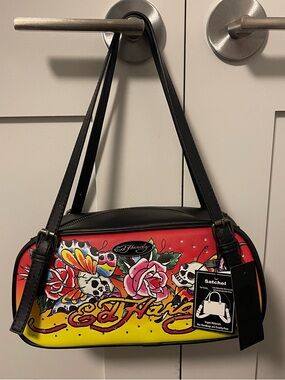 Ed Hardy Red, Yellow & Black Tattoo Print Satchel